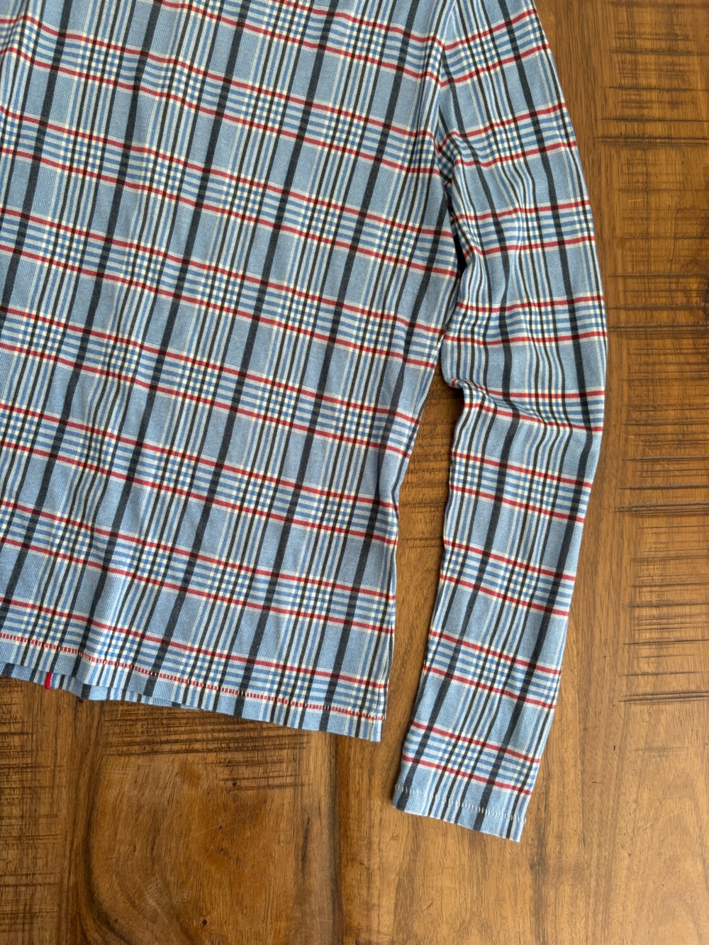 rag & bone Light Blue Plaid thin turtleneck tee with Red and Navy Stripes Med - Picture 3 of 6
